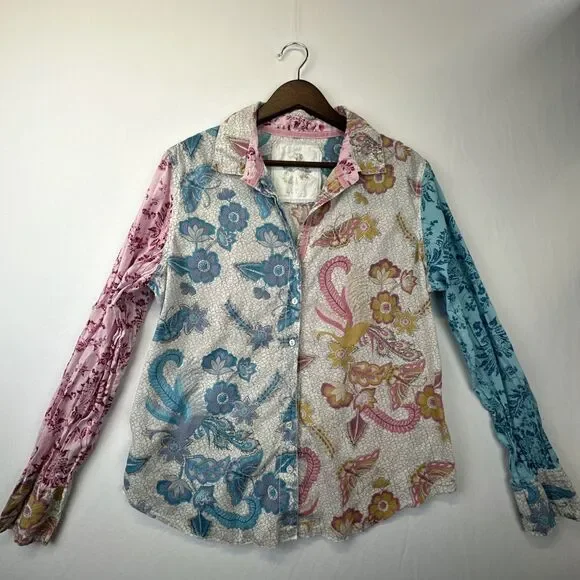 NWOT Cino Sundance Crinkled Pearl Button Shirt Peacock funky festival boho - L - Picture 2 of 11